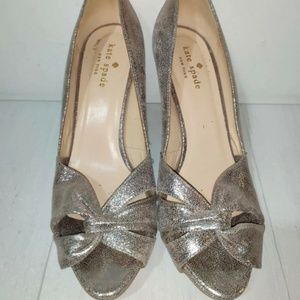 Kate Spade Size 6.5 Silver Pewter Glitter Peep Toe Stiletto Pump Heels Sandals